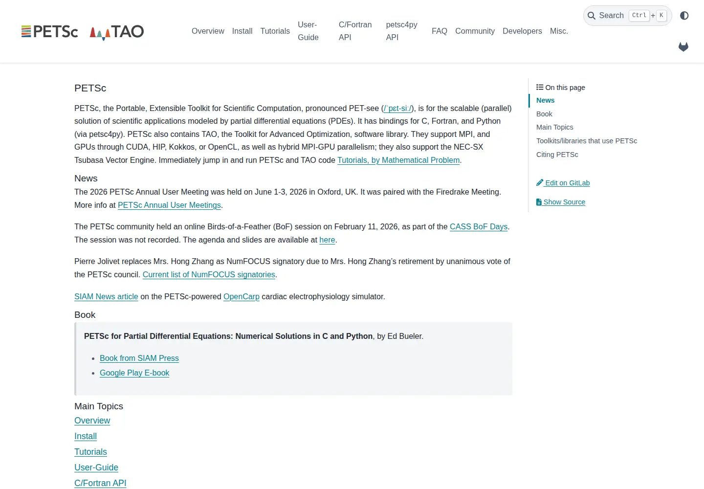Screenshot of petsc.org