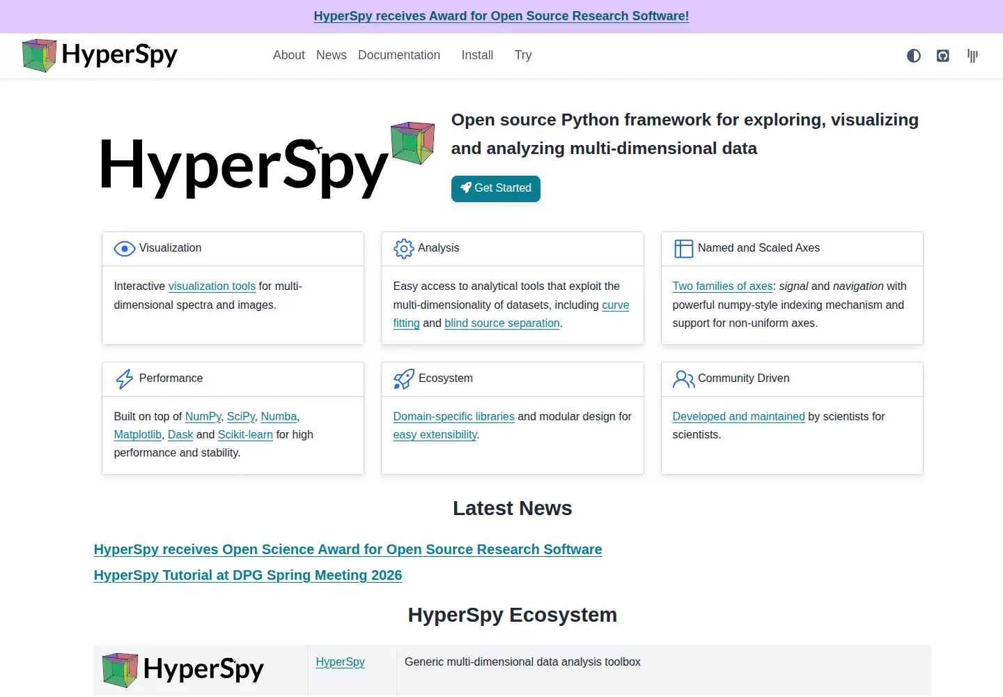 Screenshot of hyperspy.org