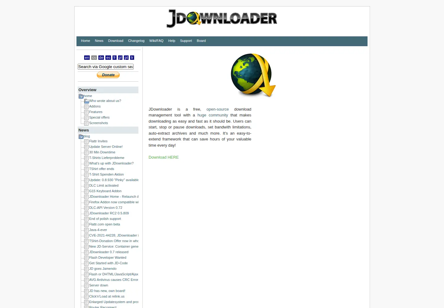 Captured homepage of jdownloader.org in the current scan