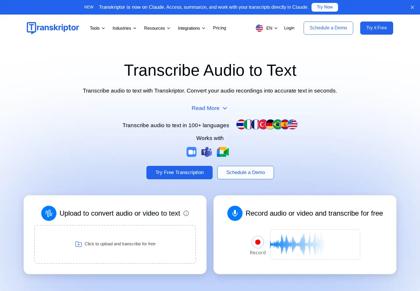 Screenshot of transkriptor.com