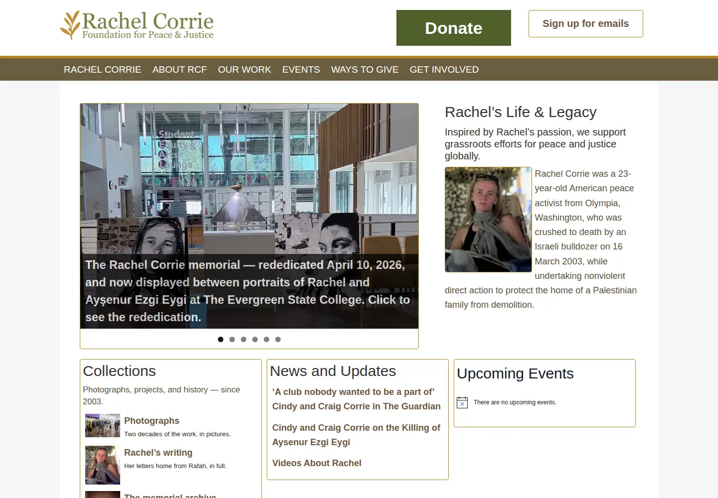 Screenshot of rachelcorriefoundation.org