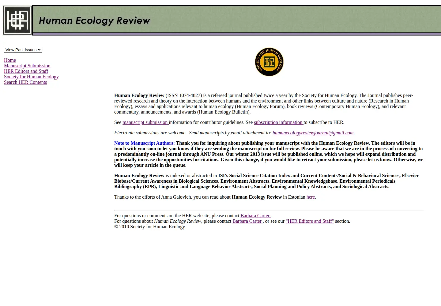 Screenshot of humanecologyreview.org