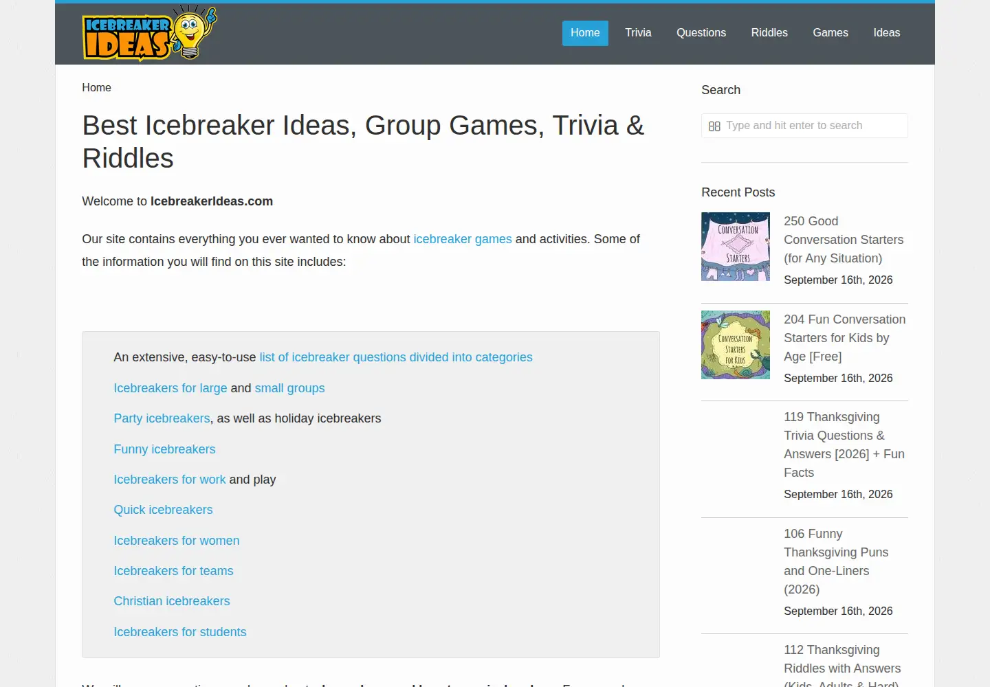 Screenshot of icebreakerideas.com