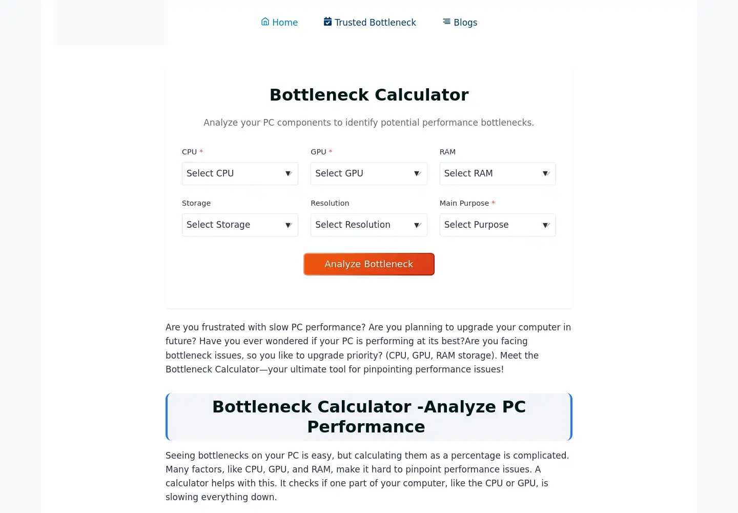 Captured homepage of bottleneckcalculatar.com in the current scan