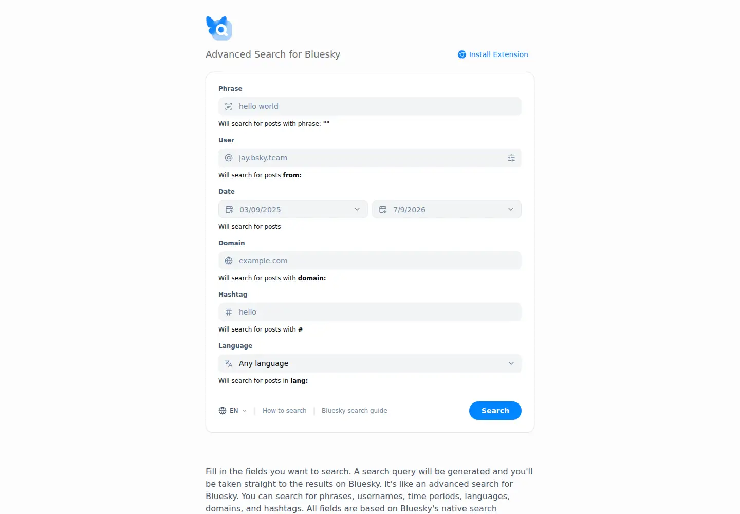 Screenshot of bskysrch.com