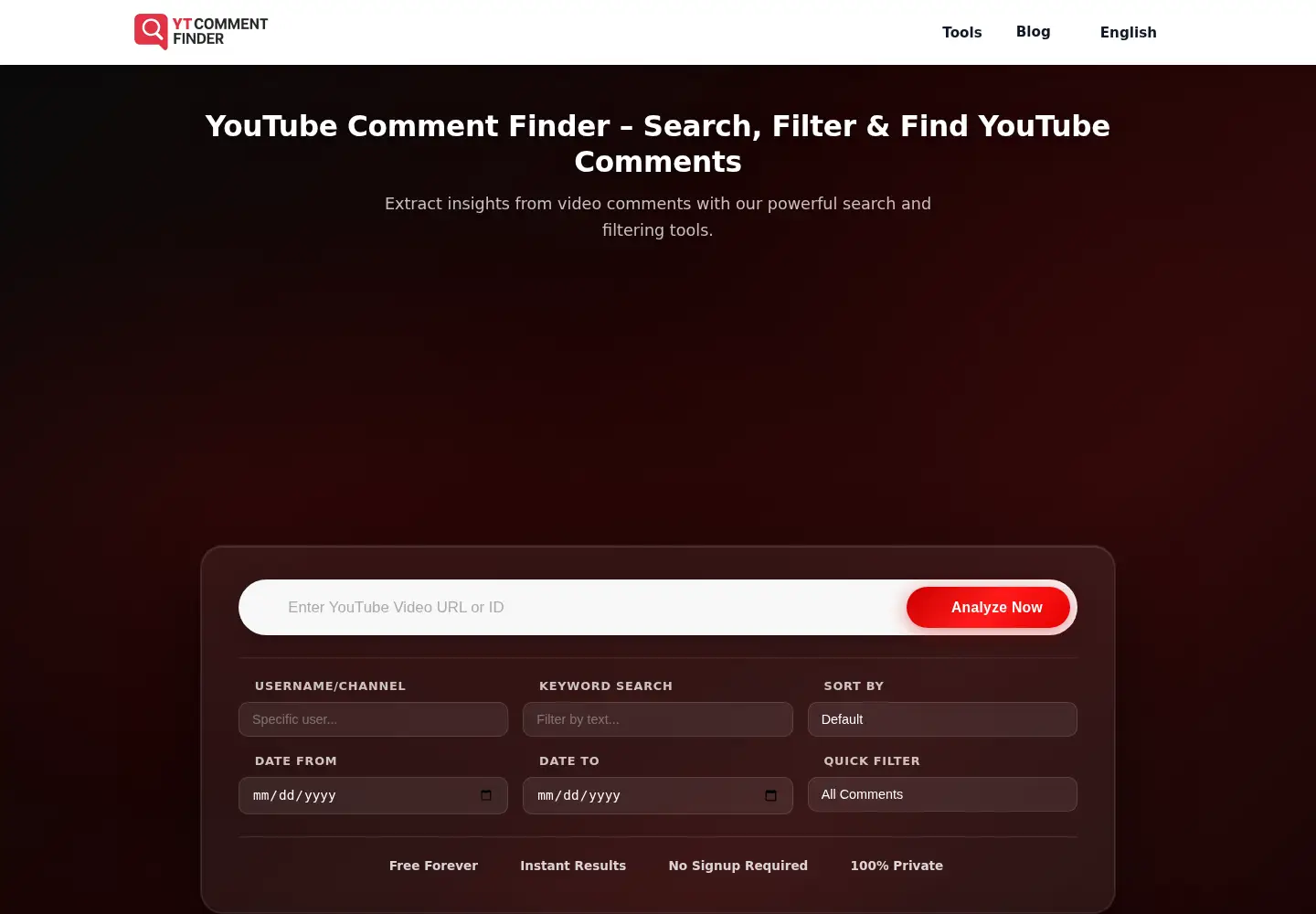 Screenshot of theytcommentfinder.com