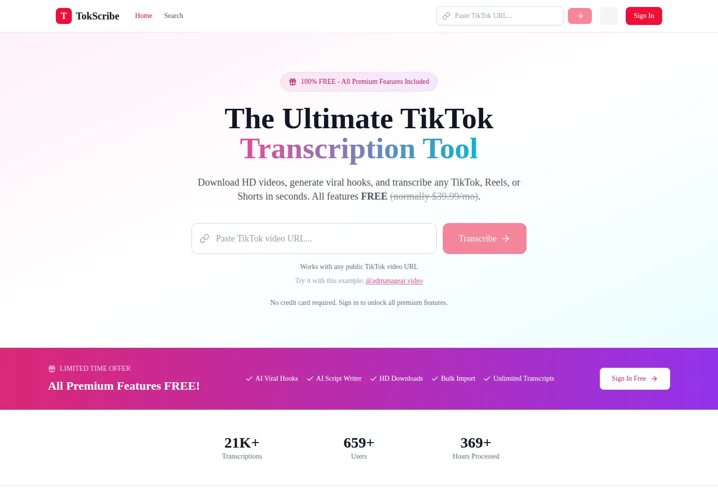 Screenshot of tokscribe.com