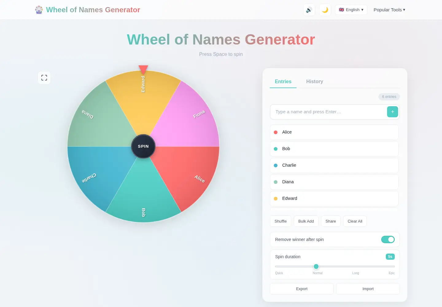 Screenshot of wheelofnamesgenerator.com