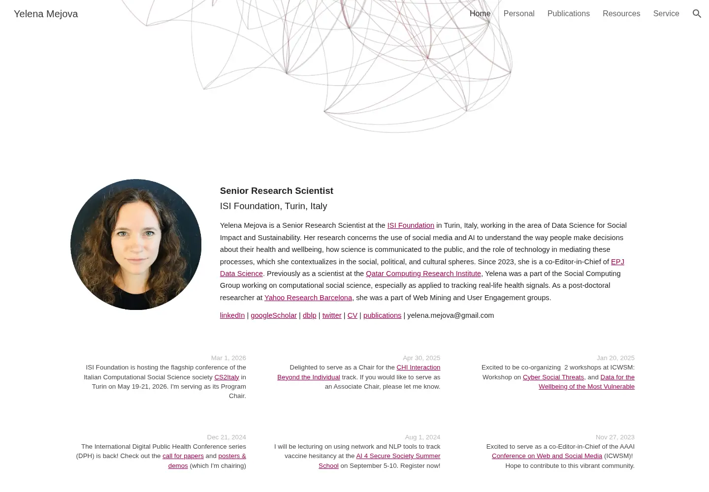 Captured homepage of yelenamejova.com in the current scan