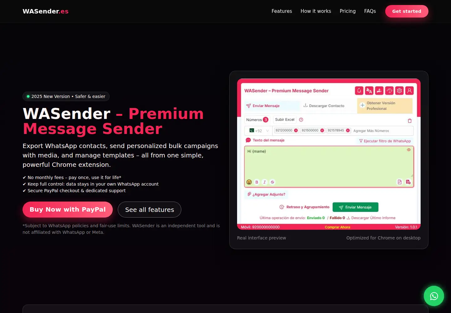 Captured homepage of wasender.es in the current scan