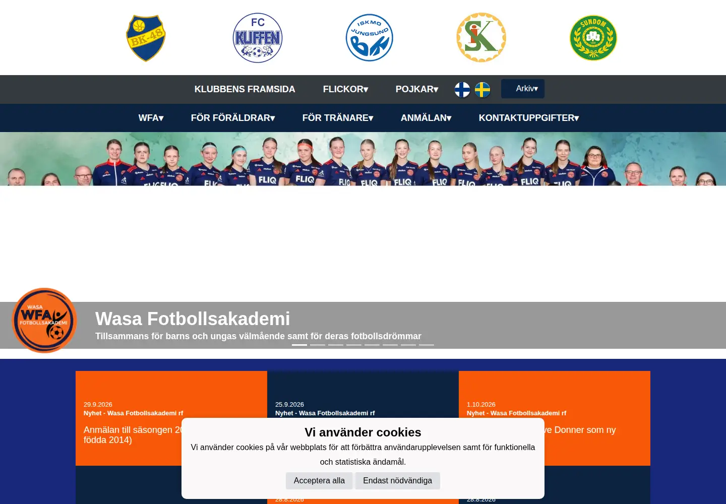 Screenshot of wasafotbollsakademi.fi