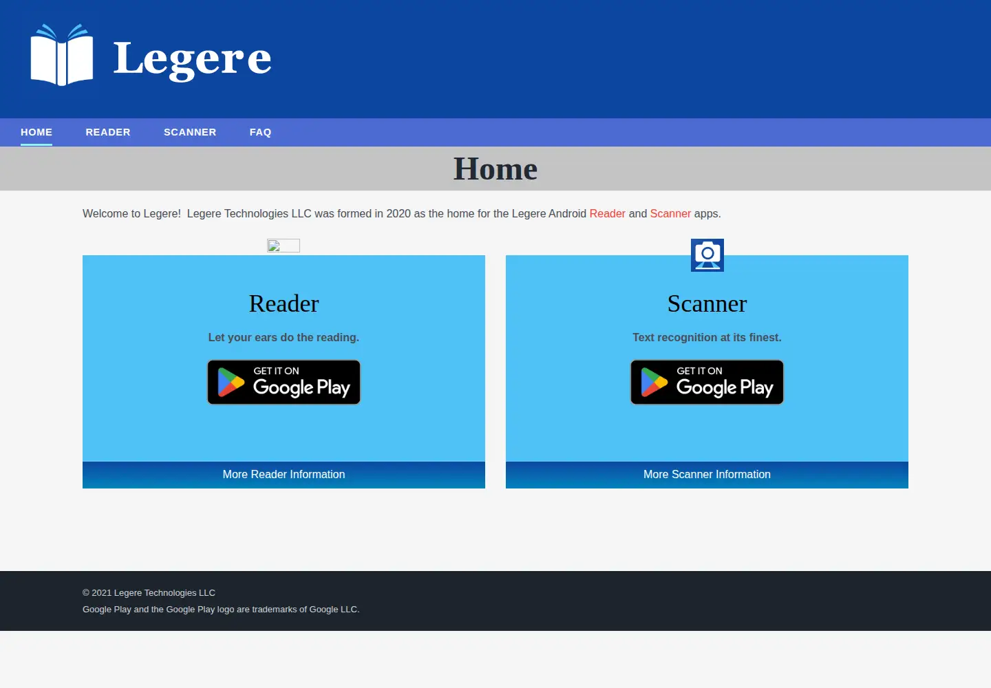 Captured homepage of legere.io in the current scan