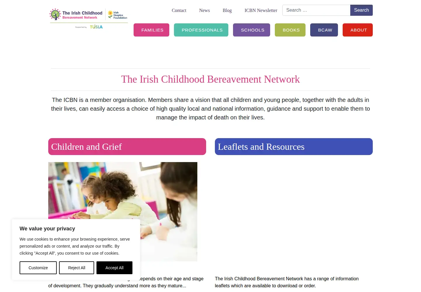 Screenshot of childhoodbereavement.ie