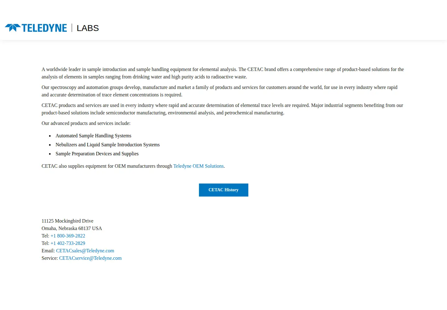 Screenshot of teledynecetac.com