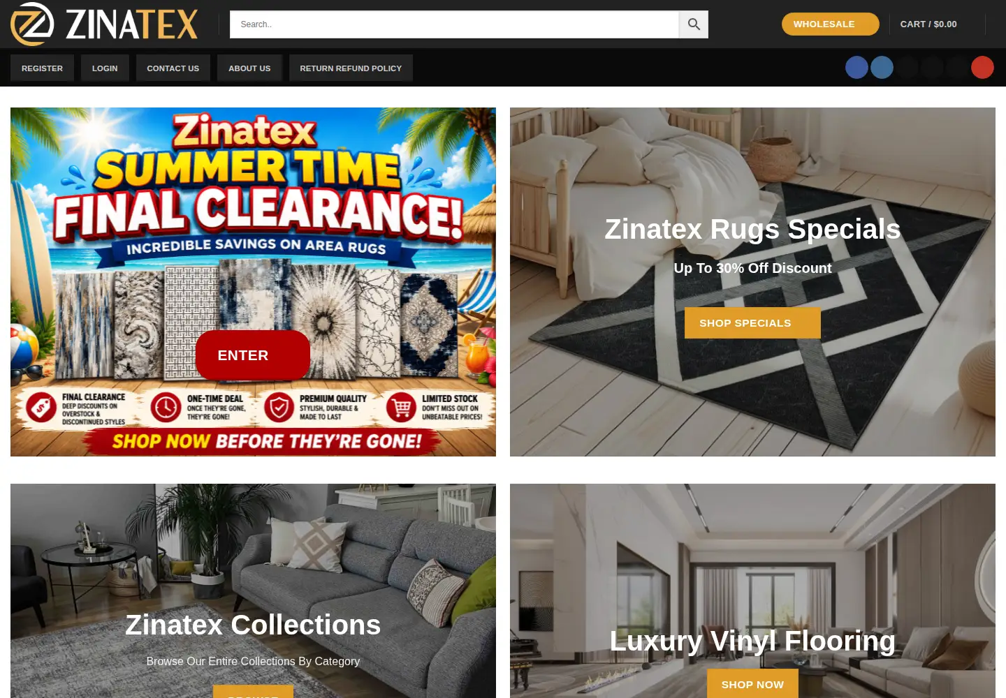 Captured homepage of zinatexrugs.com in the current scan