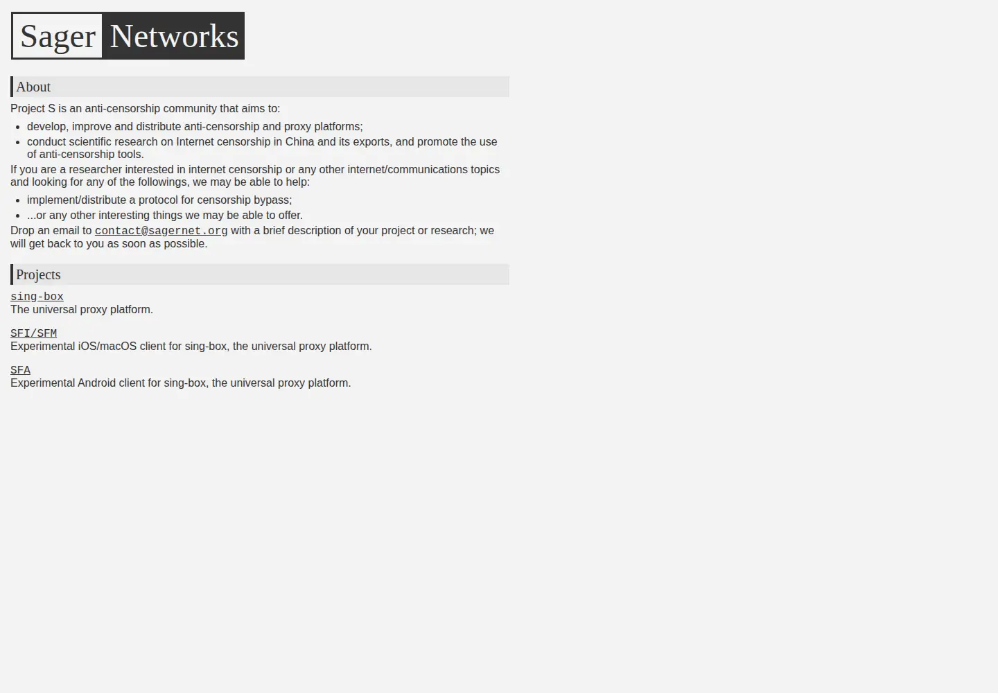 Captured homepage of sagernet.org in the current scan