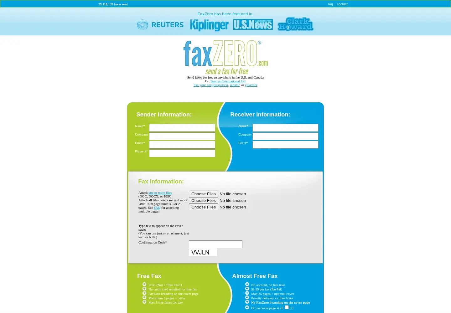 Captured homepage of faxzero.com in the current scan