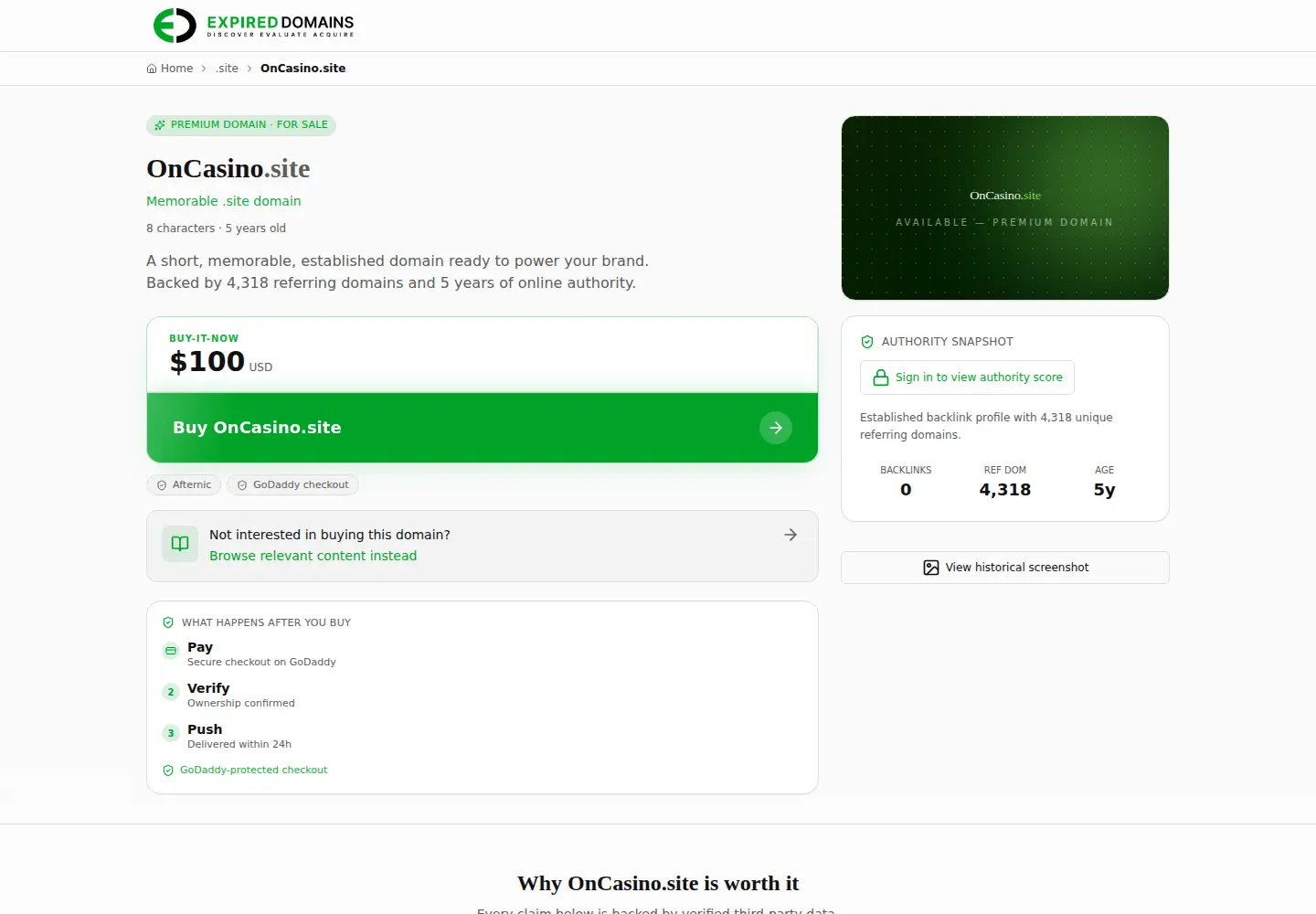 Captured homepage of oncasino.site in the current scan