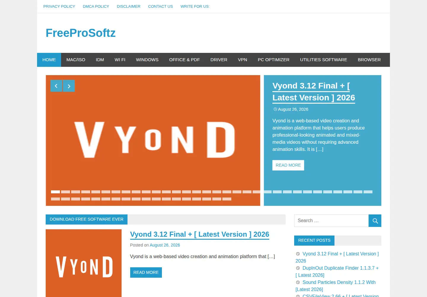 Captured homepage of freeprosoftz.com in the current scan