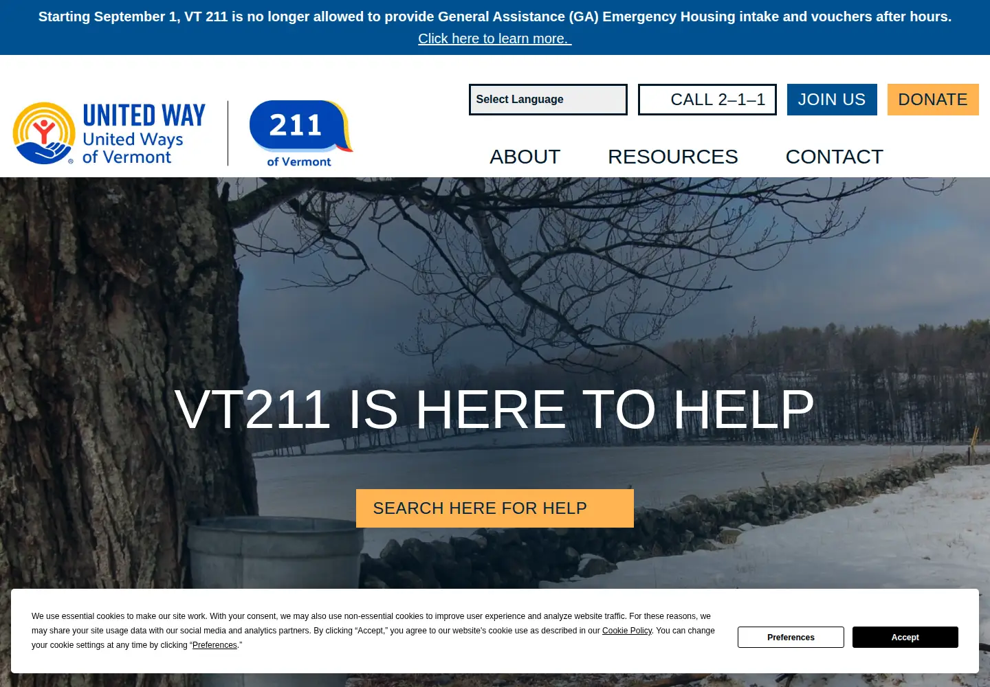 Screenshot of vermont211.org