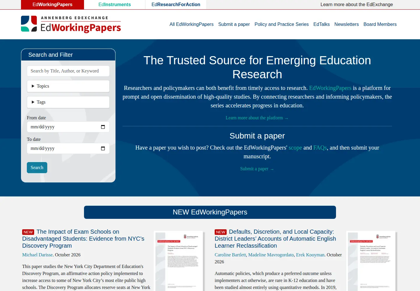 Captured homepage of edworkingpapers.org in the current scan