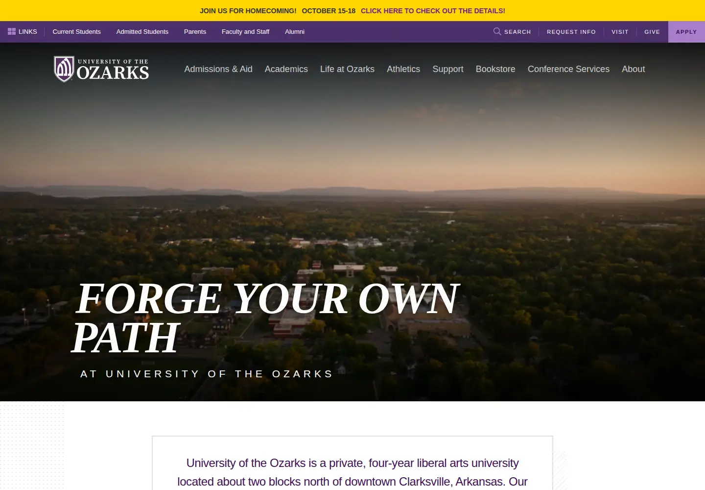 Captured homepage of ozarks.edu in the current scan