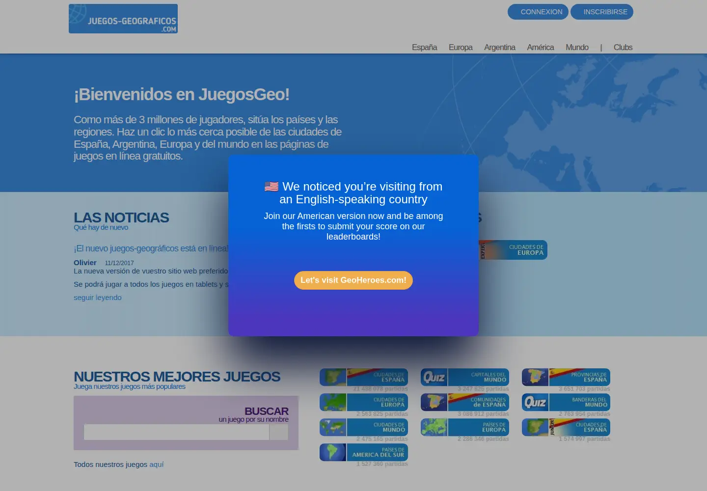 Captured homepage of juegos-geograficos.com in the current scan