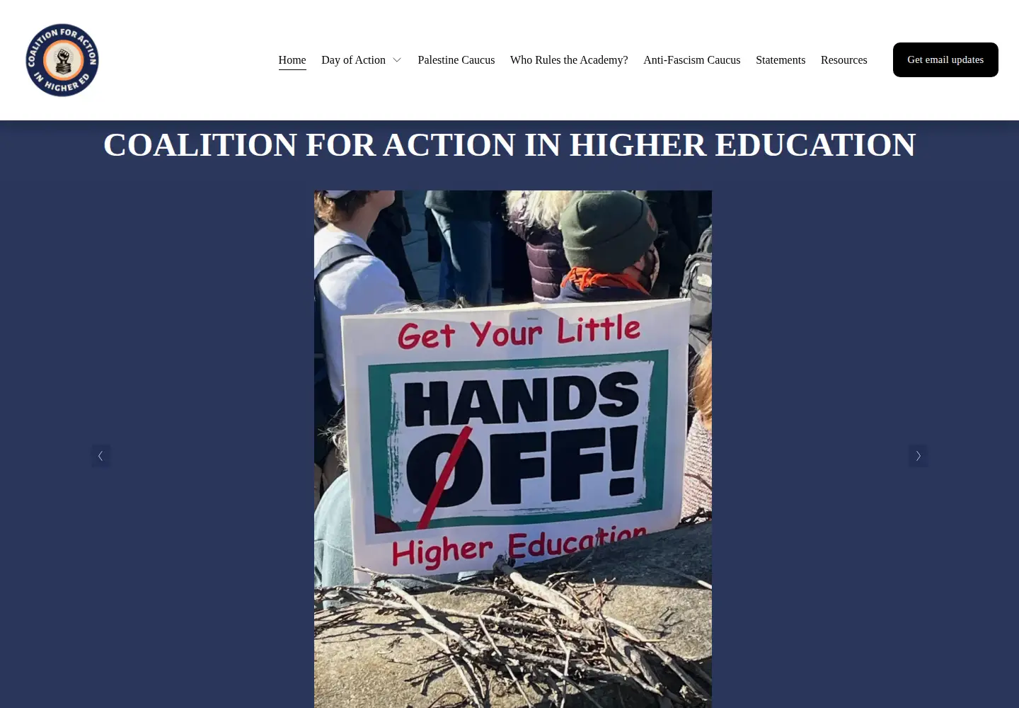 Captured homepage of dayofactionforhighered.org in the current scan