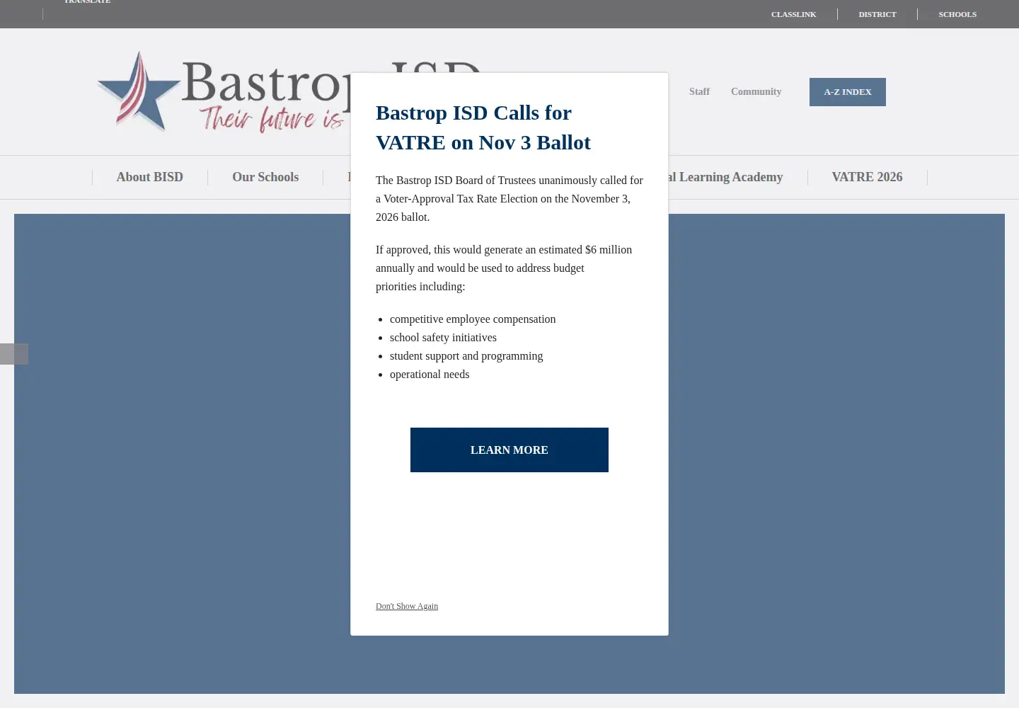 Captured homepage of bisdtx.org in the current scan