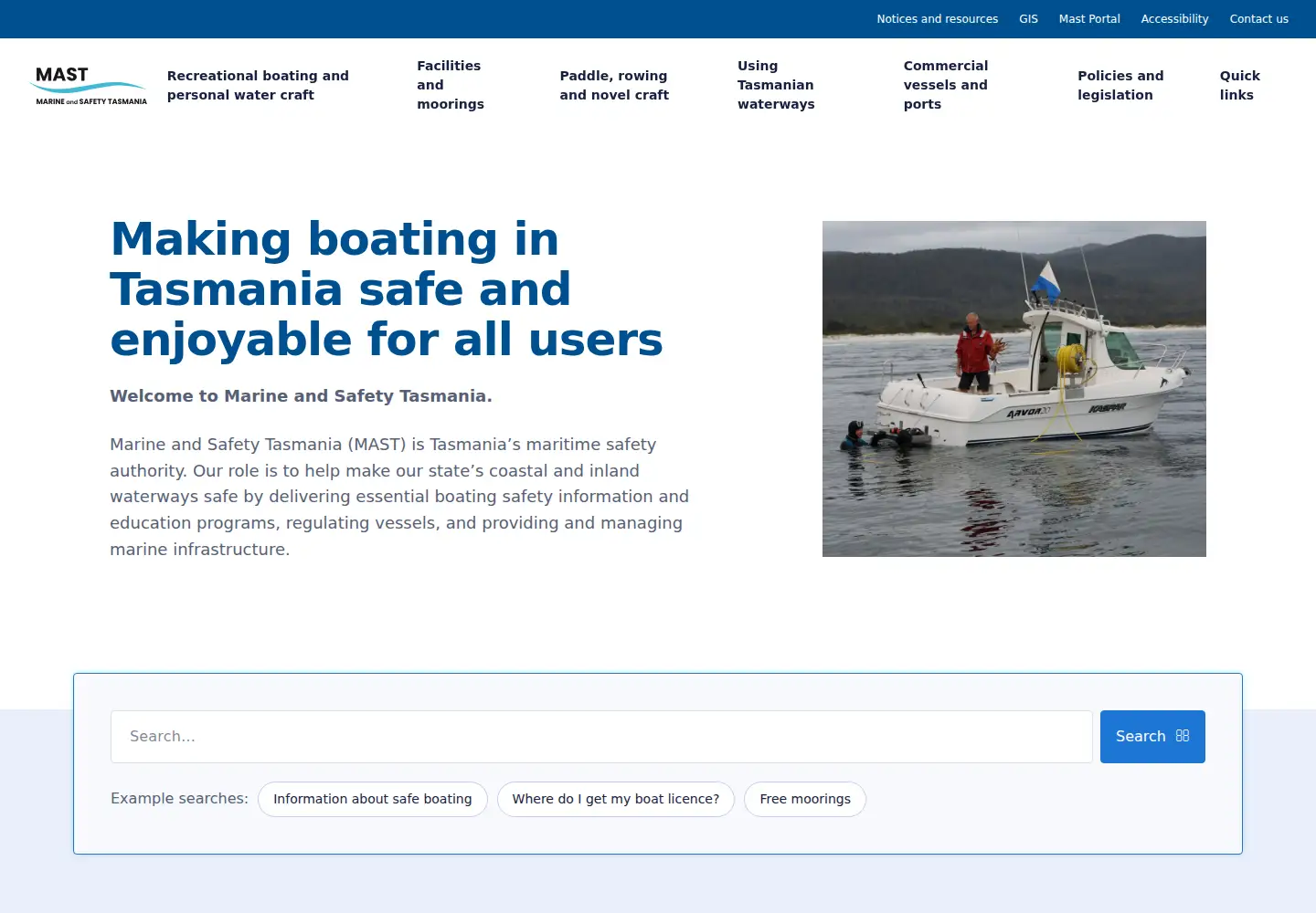 Captured homepage of mast.tas.gov.au in the current scan