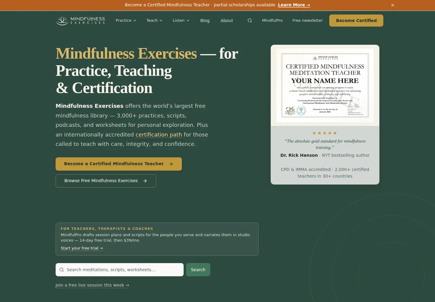 Captured homepage of mindfulnessexercises.com in the current scan