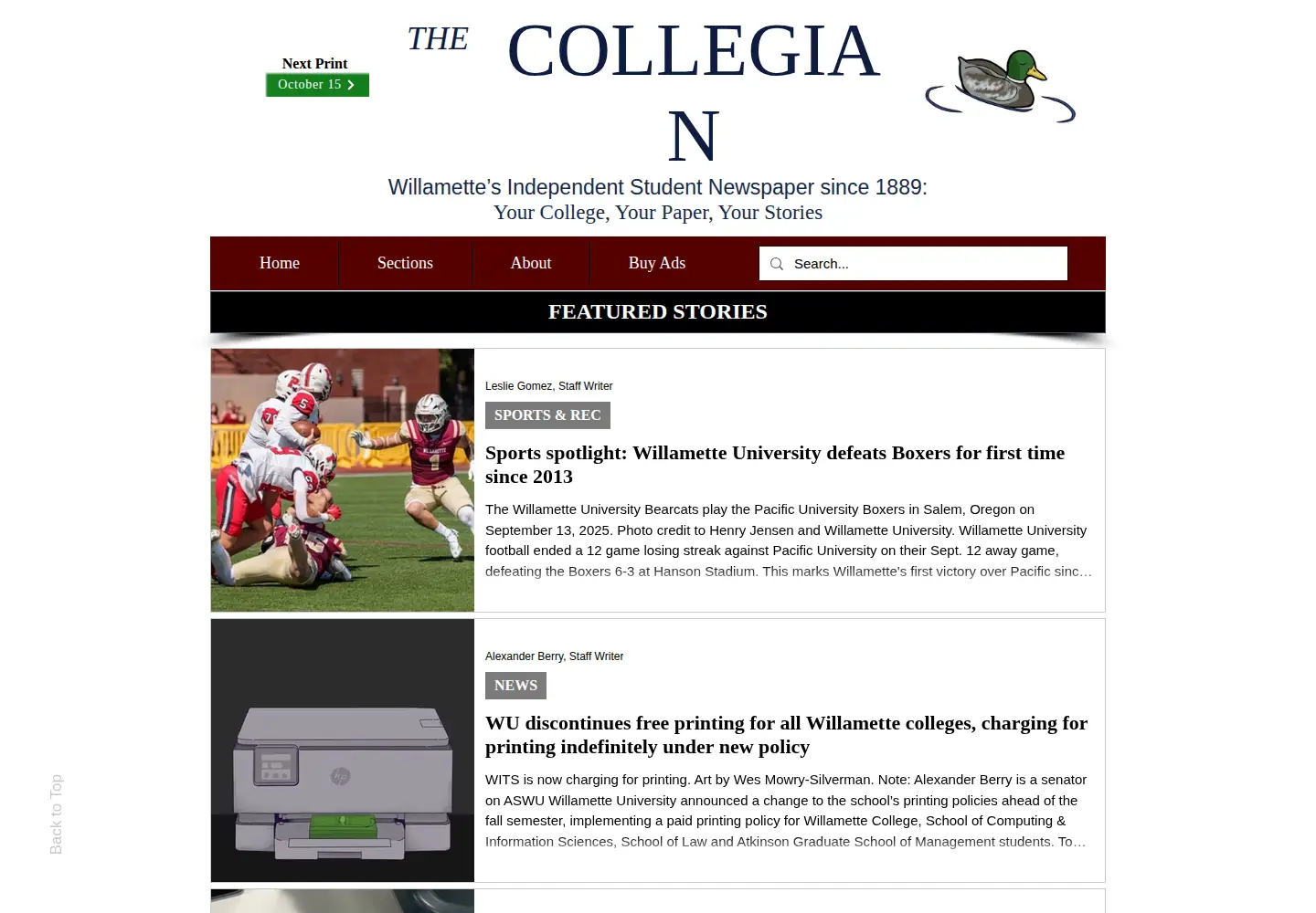 Captured homepage of willamettecollegian.com in the current scan