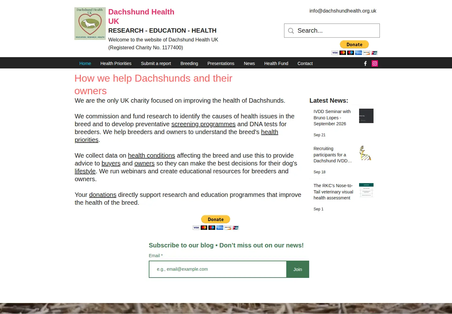 Screenshot of dachshundhealth.org.uk