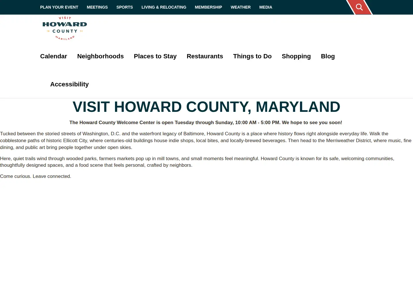 Screenshot of visithowardcounty.com