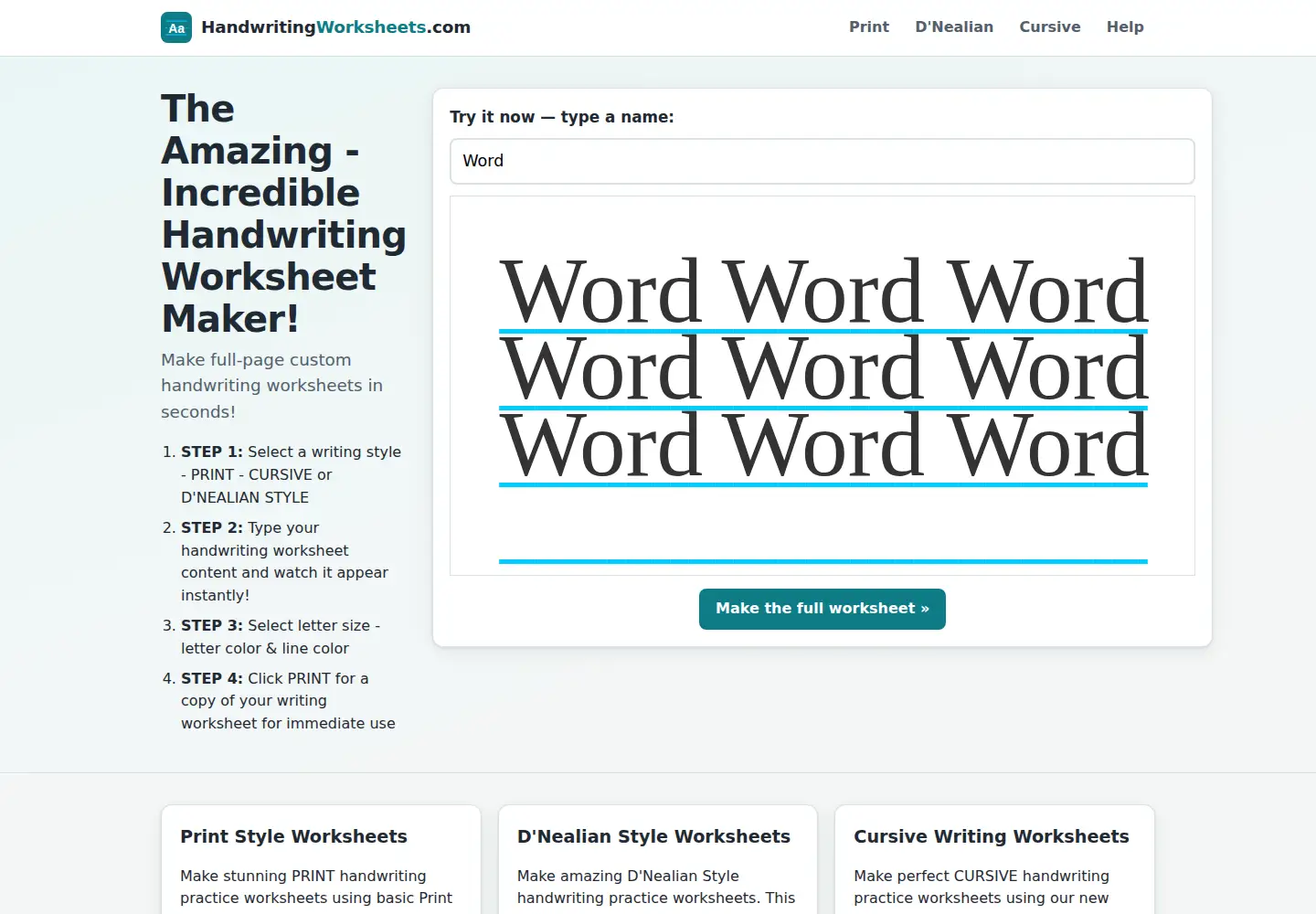 Screenshot of handwritingworksheets.com