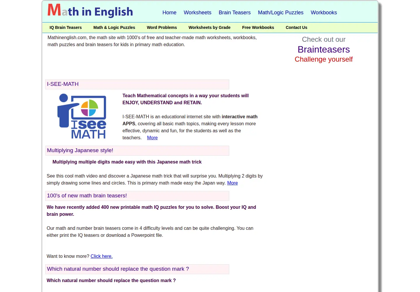 Screenshot of mathinenglish.com