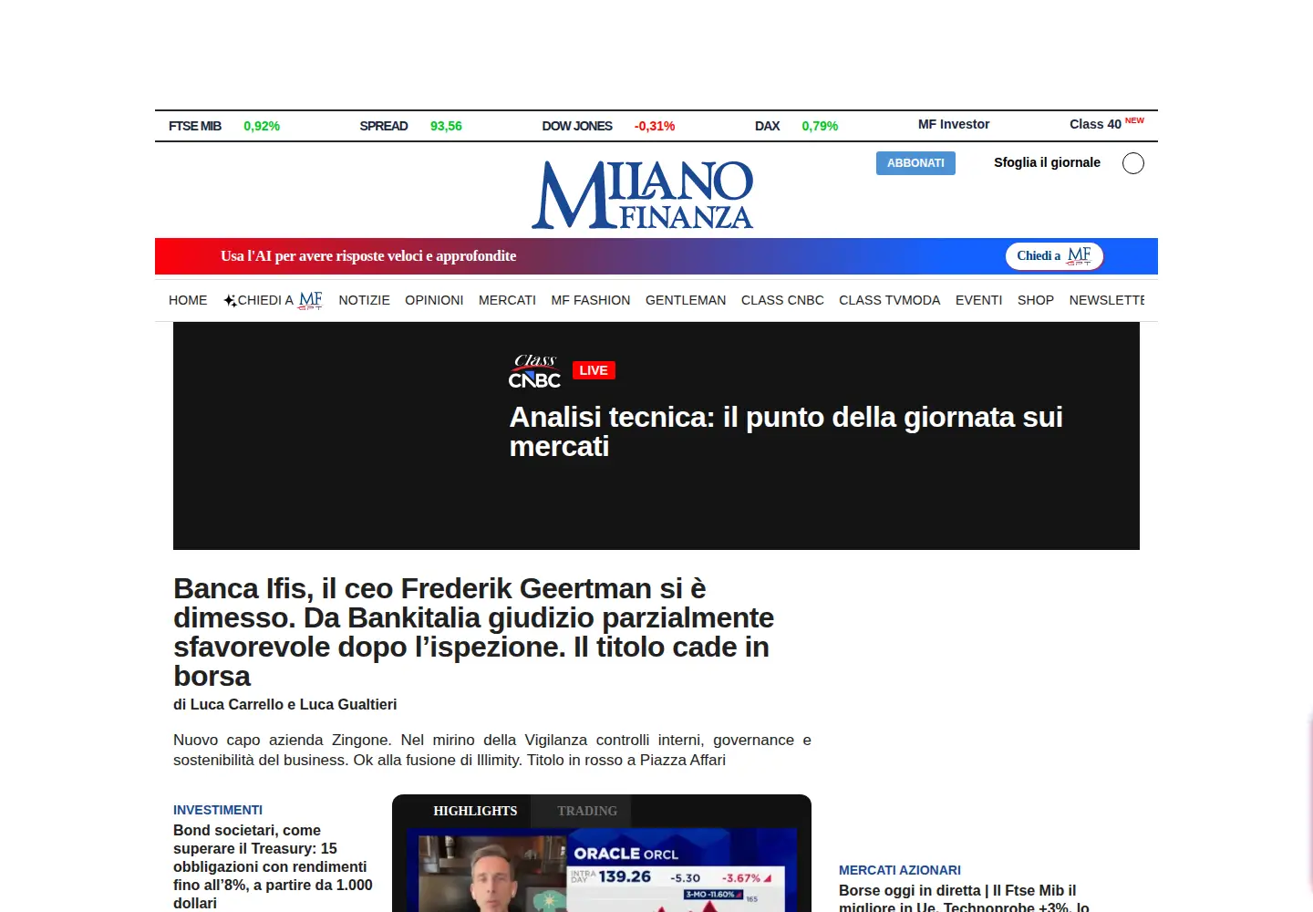 Screenshot of milanofinanza.it