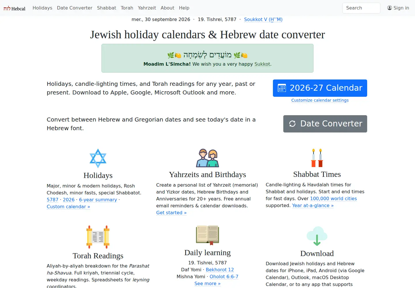 Screenshot of hebcal.com