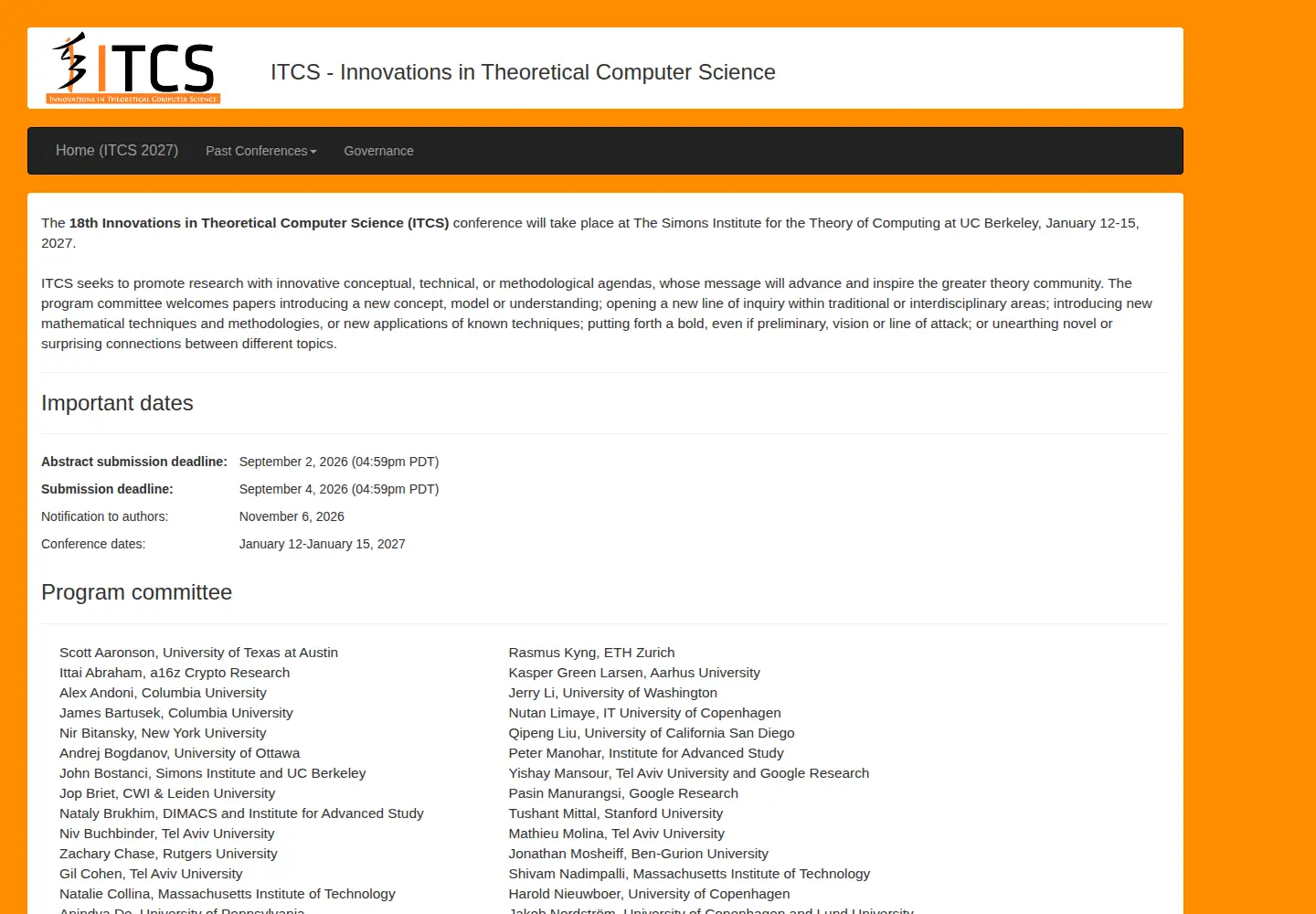 Captured homepage of itcs-conf.org in the current scan