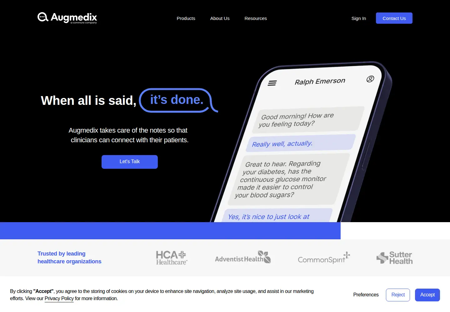 Captured homepage of augmedix.com in the current scan