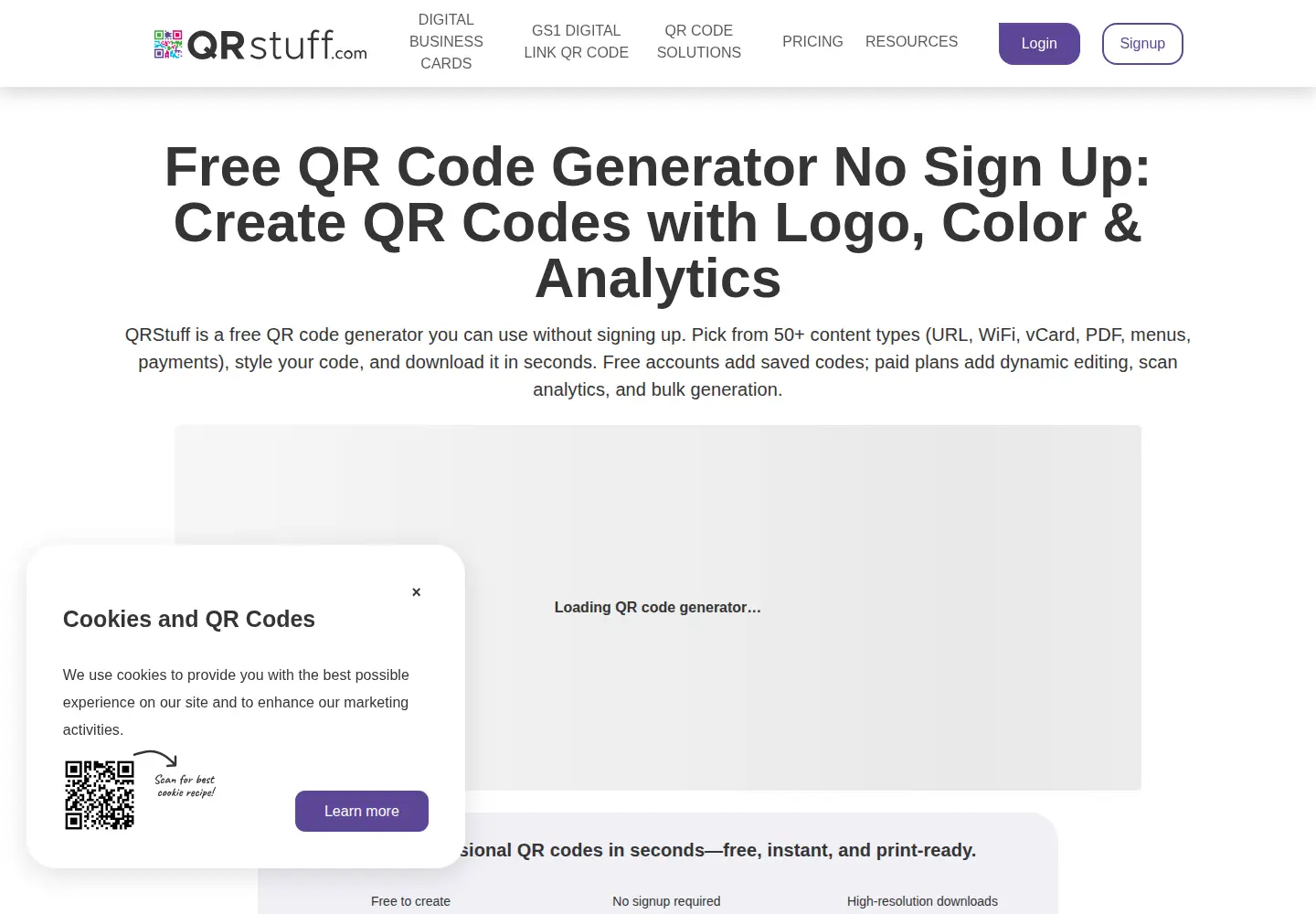 Screenshot of qrstuff.com