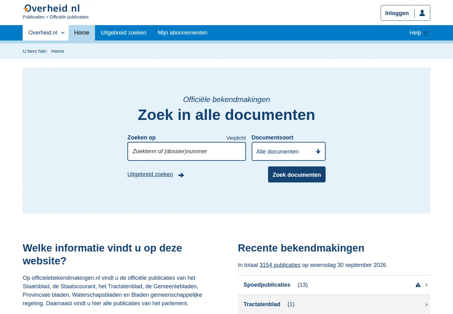 Screenshot of officielebekendmakingen.nl