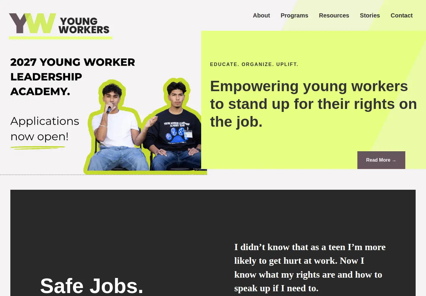 Captured homepage of youngworkers.org in the current scan