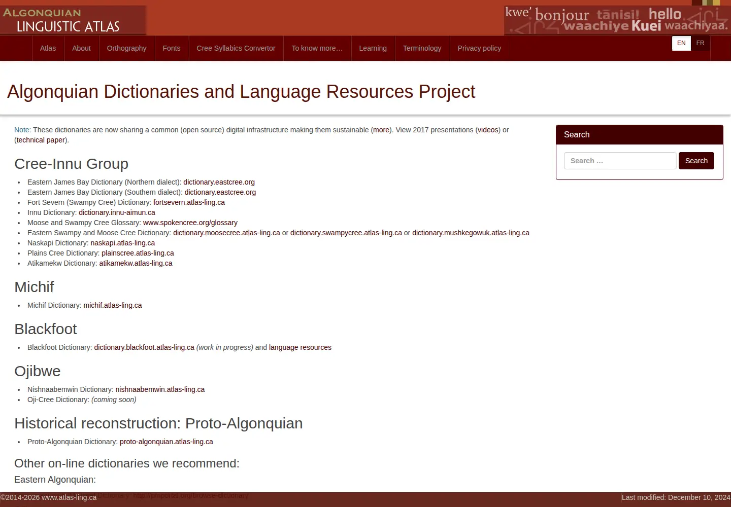 Captured homepage of algonquianlanguages.ca in the current scan