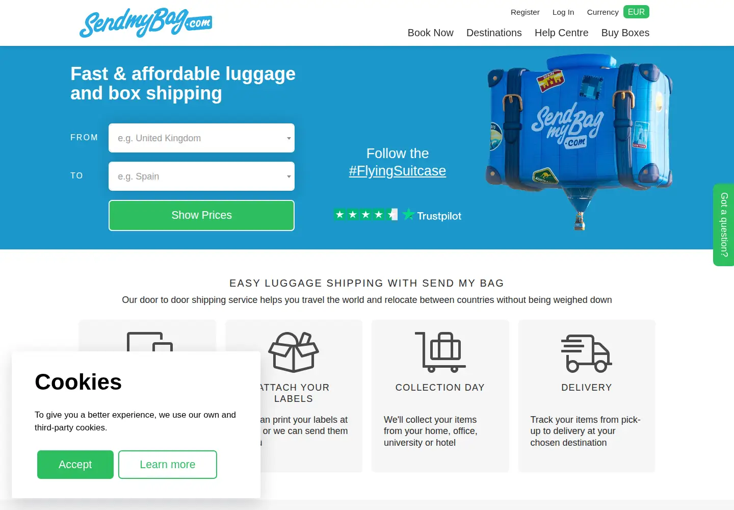 Captured homepage of sendmybag.com in the current scan