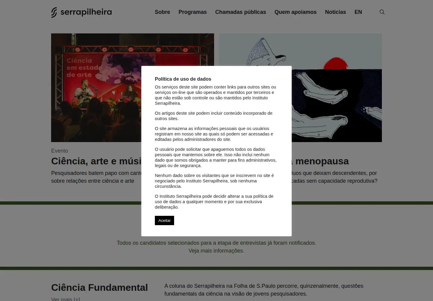 Captured homepage of serrapilheira.org in the current scan