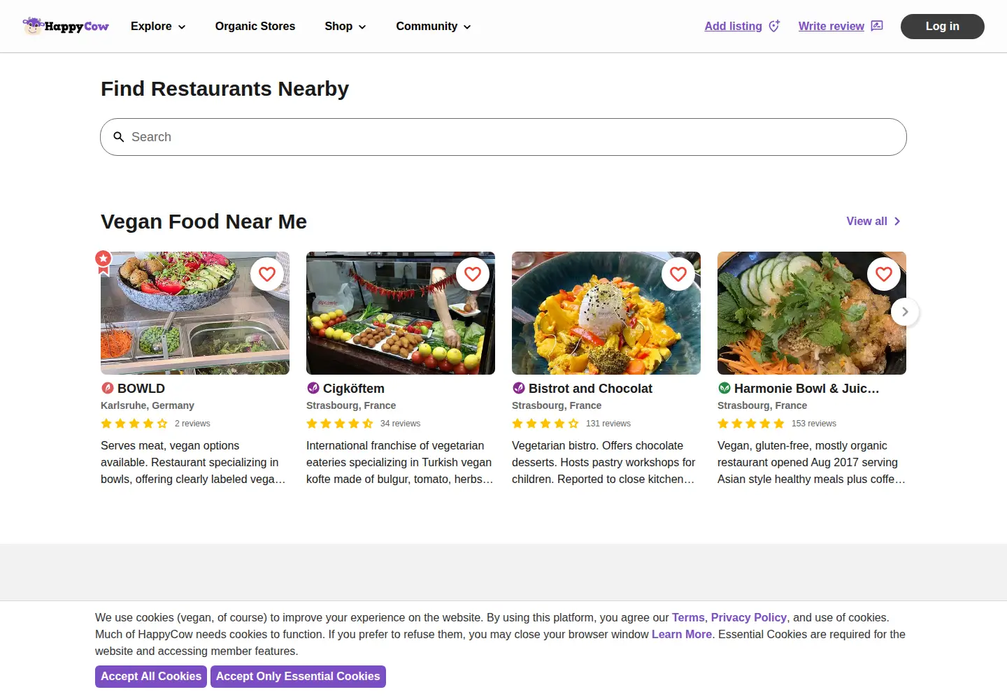 Screenshot of happycow.net