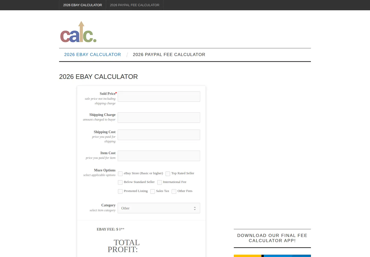 Screenshot of finalfeecalc.com