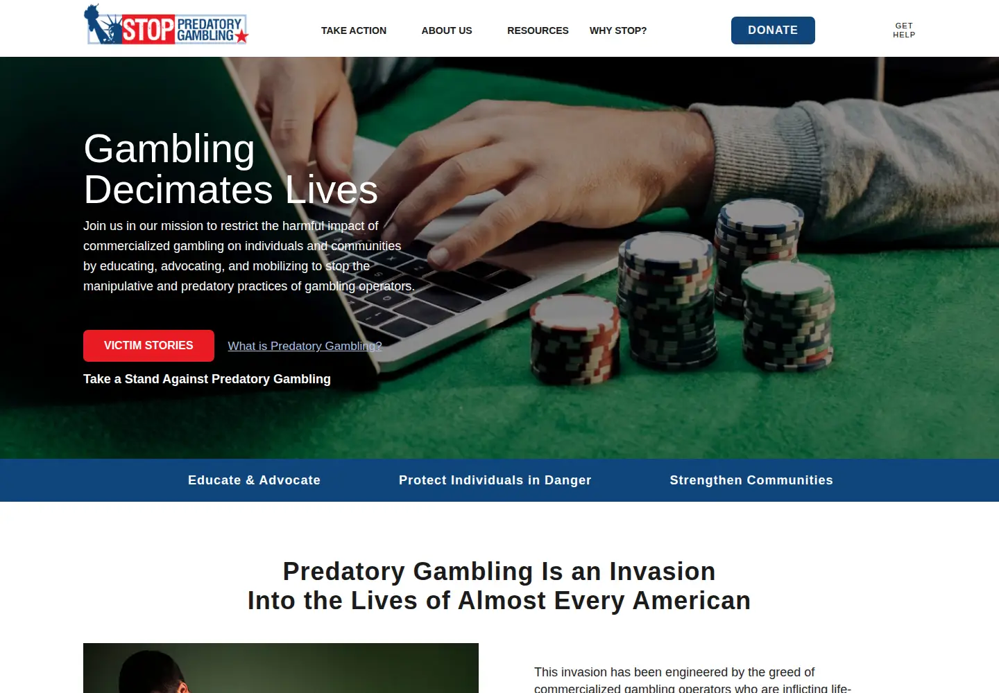 Captured homepage of stoppredatorygambling.org in the current scan