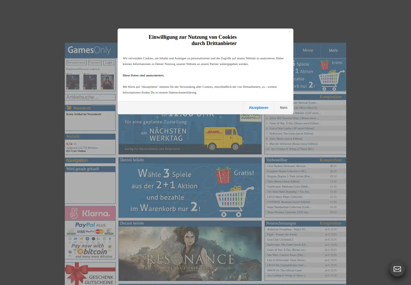 Captured homepage of gamesonly.at in the current scan